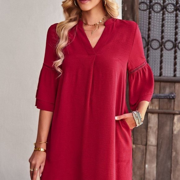 Notched Neck Flare Sleeve Pocket Dress - Picture 7 of 11